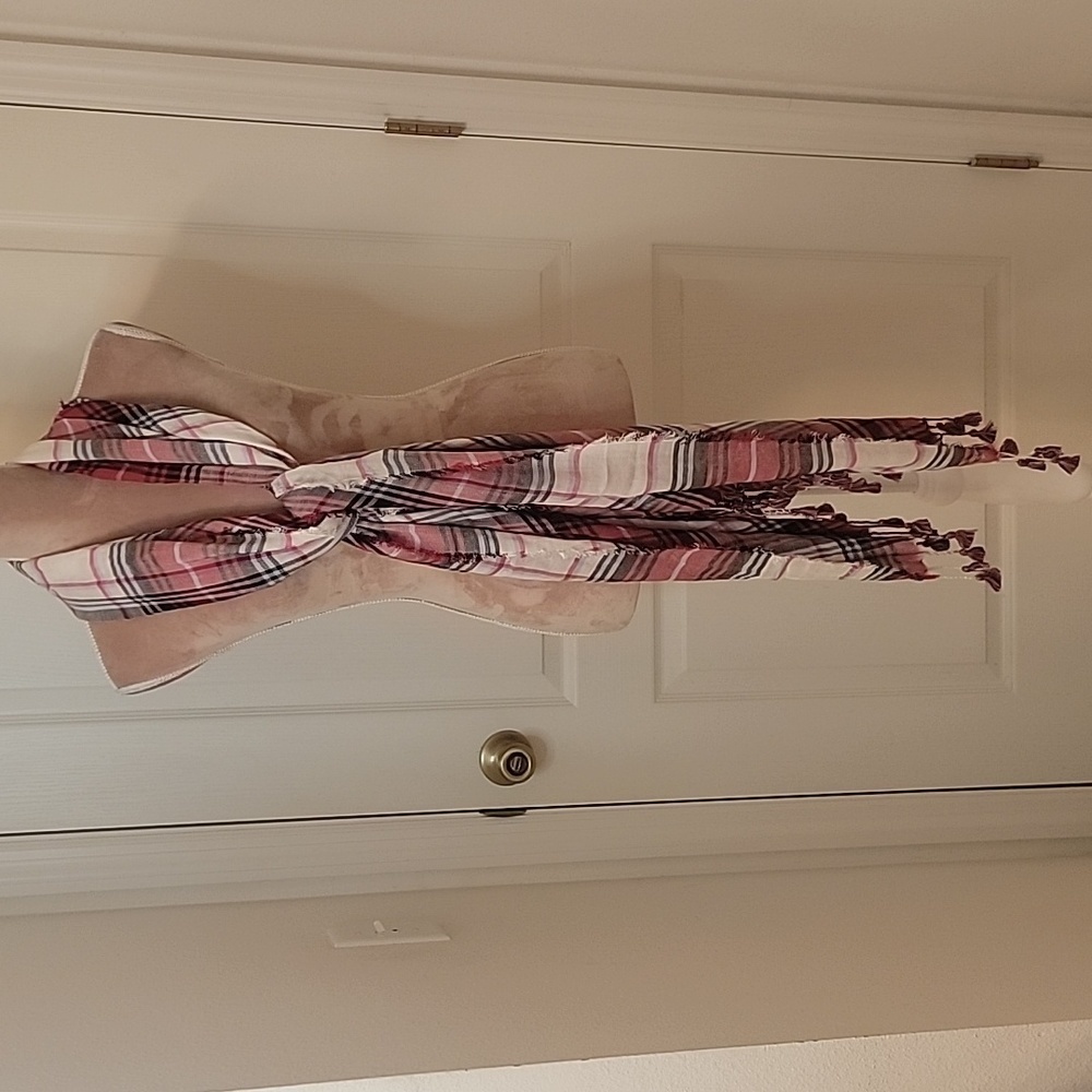 Red White and Black Plaid Scarf with Raw Hem and Tassles